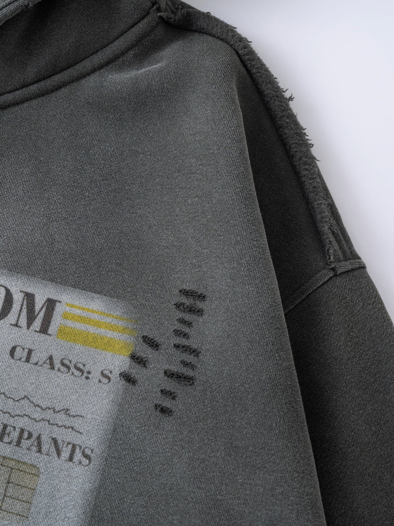 Close-up of gray hoodie chest graphic and distressed shoulder detail