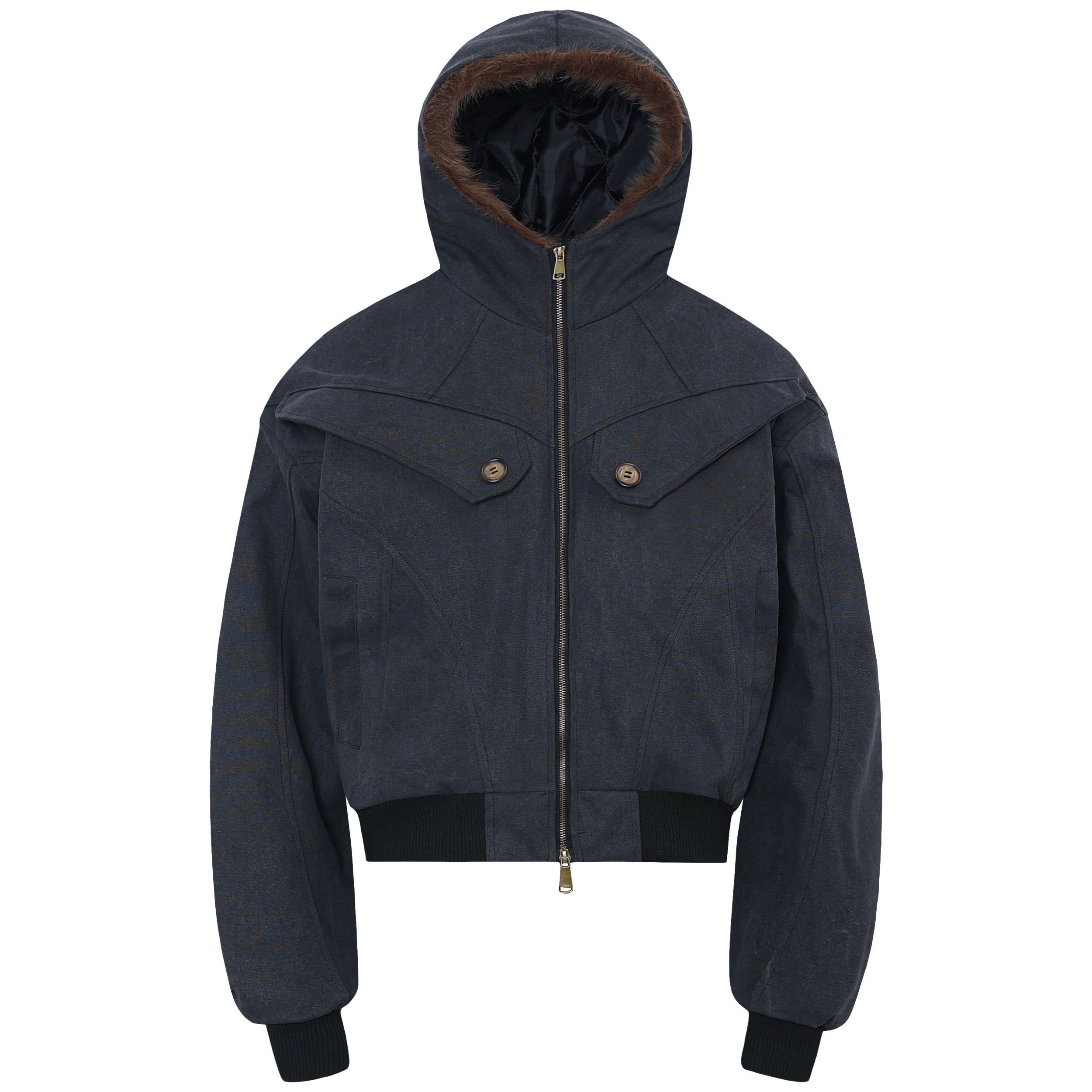 Dark navy cropped cotton bomber jacket with fur-lined hood, brass zip, and buttoned chest panels, front view