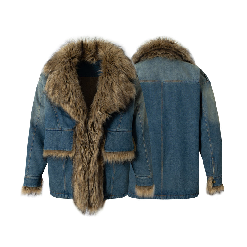 Oversized Faux-Fur Collar Denim Jacket | Vintage Wash