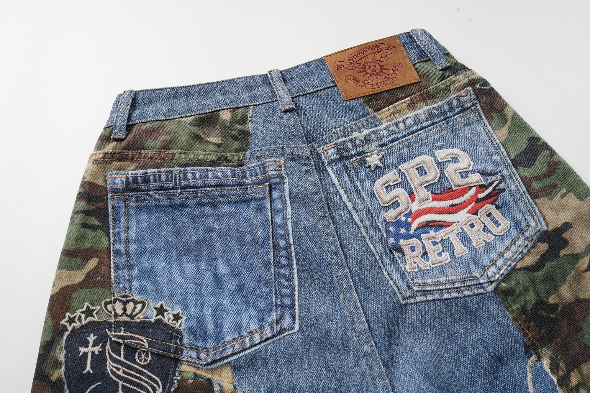 Camo Patch Denim Jorts | Y2K Varsity Streetwear Shorts