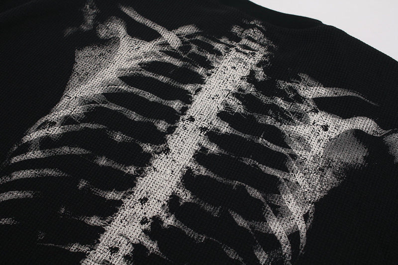 Close-up of back shoulder print on black waffle-knit long sleeve tee