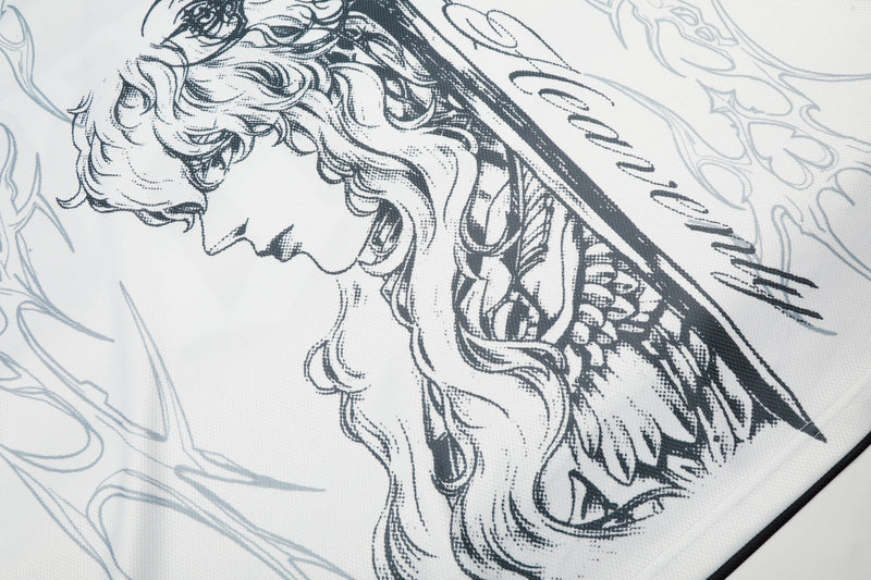 Close-up of a white mesh football jersey with a gothic blade graphic and dark illustrated face print