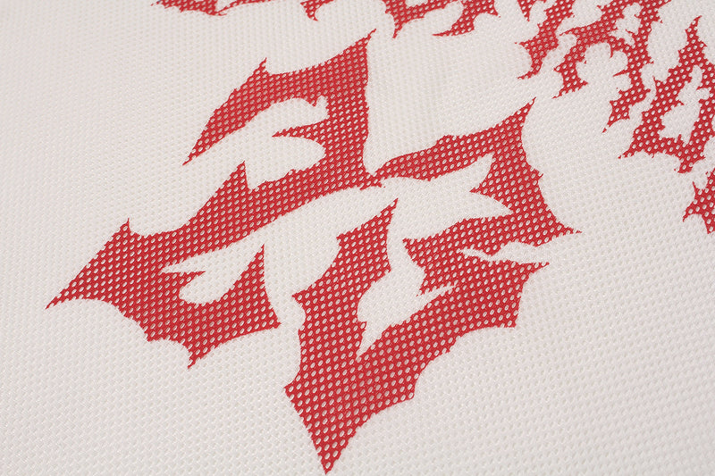 White oversized mesh jersey with bold red flame sigil print and breathable athletic texture