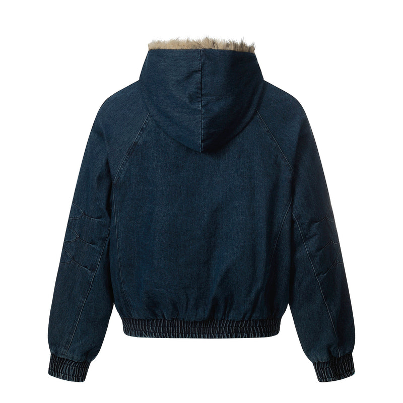 Detachable Fur-Collar Denim Bomber Jacket | Deep Indigo & Washed Black