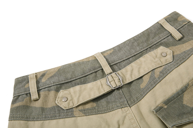 Close-up of beige camo back waistband with adjustable strap buckle