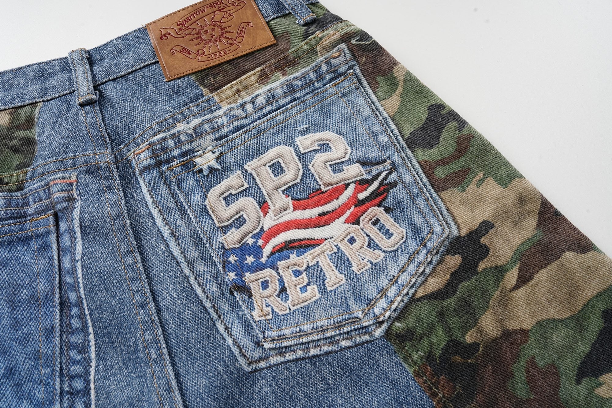 Camo Patch Denim Jorts | Y2K Varsity Streetwear Shorts