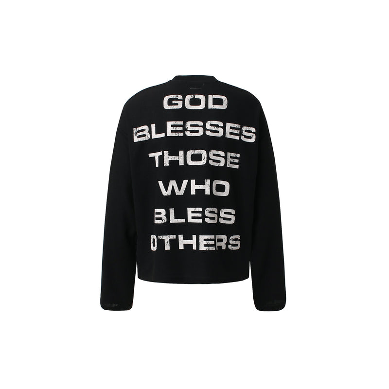 Back of black waffle knit sweatshirt with stacked white text reading God blesses those who bless others