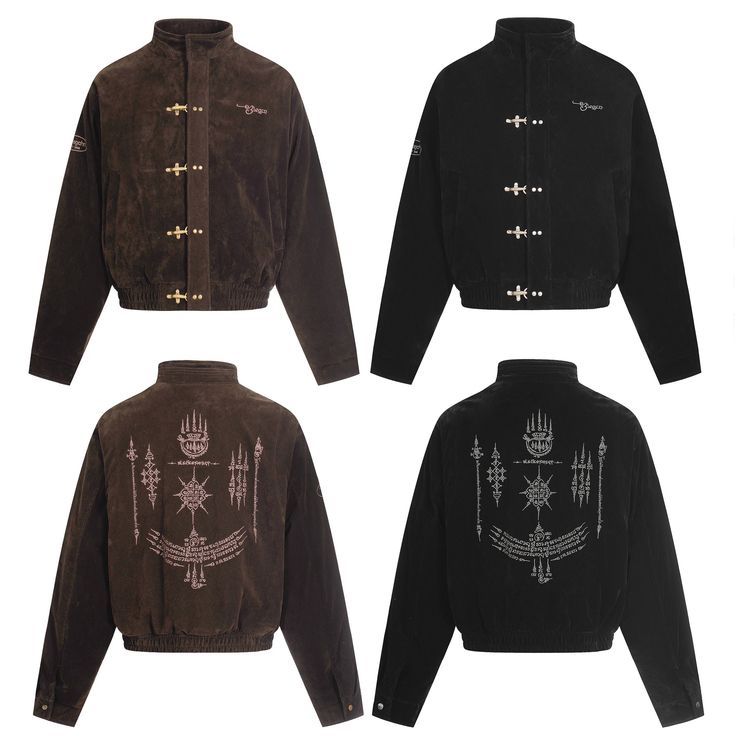 Dark brown suede-texture bomber jacket with gold metal toggle clasps and stand collar, front view on white background