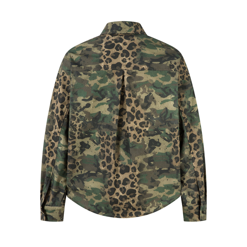 Back view of camo leopard overshirt with yoke seam and curved hem