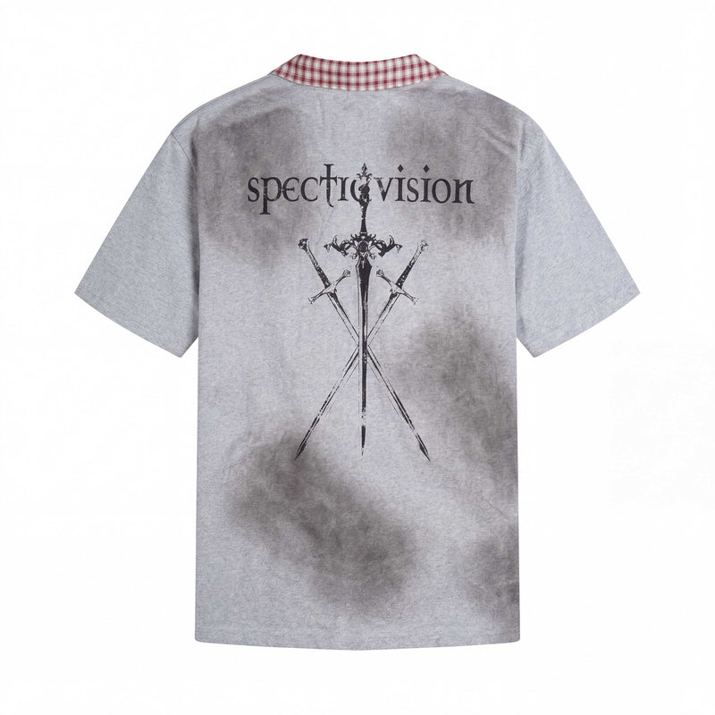 Oversized gray distressed polo shirt with back sword graphic and red plaid collar detail