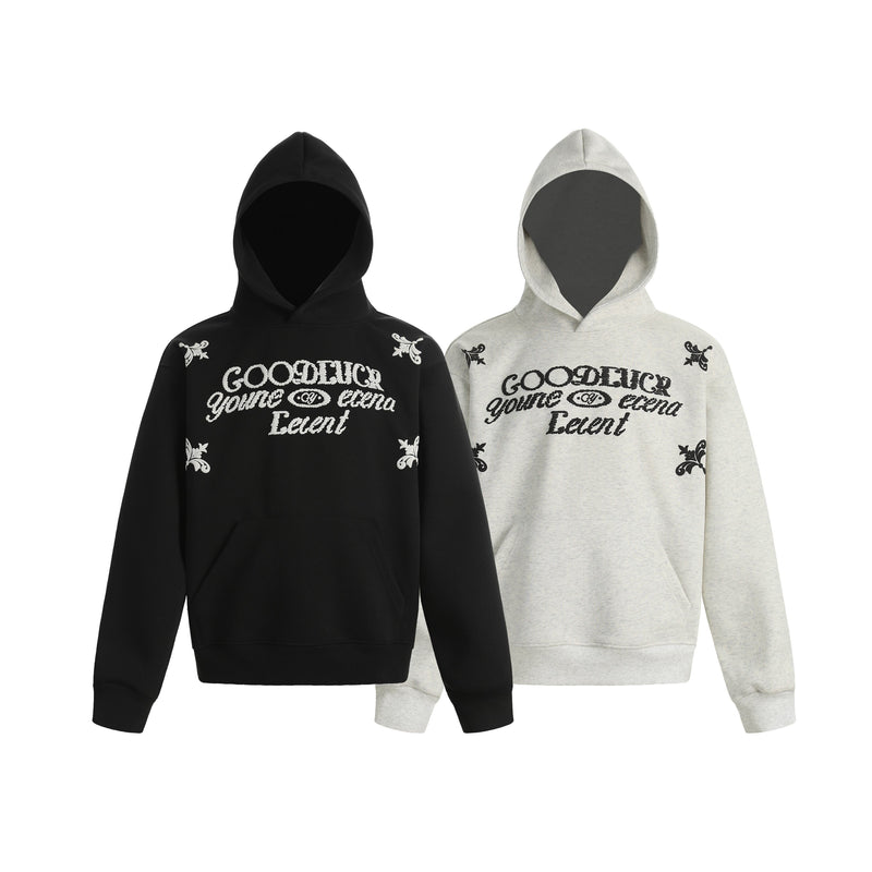 Black and heather gray fleece hoodies with embroidered script front and floral shoulder accents