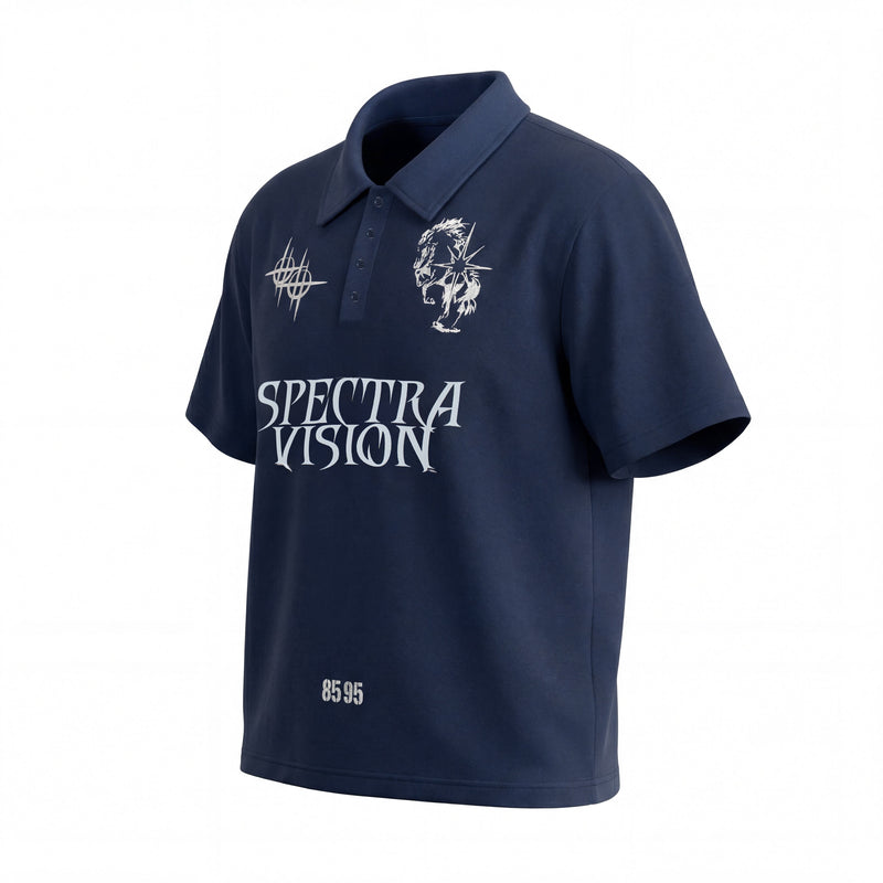 Navy graphic polo tee with abstract white print, Spectra Vision text, and short sleeves on a clean white background