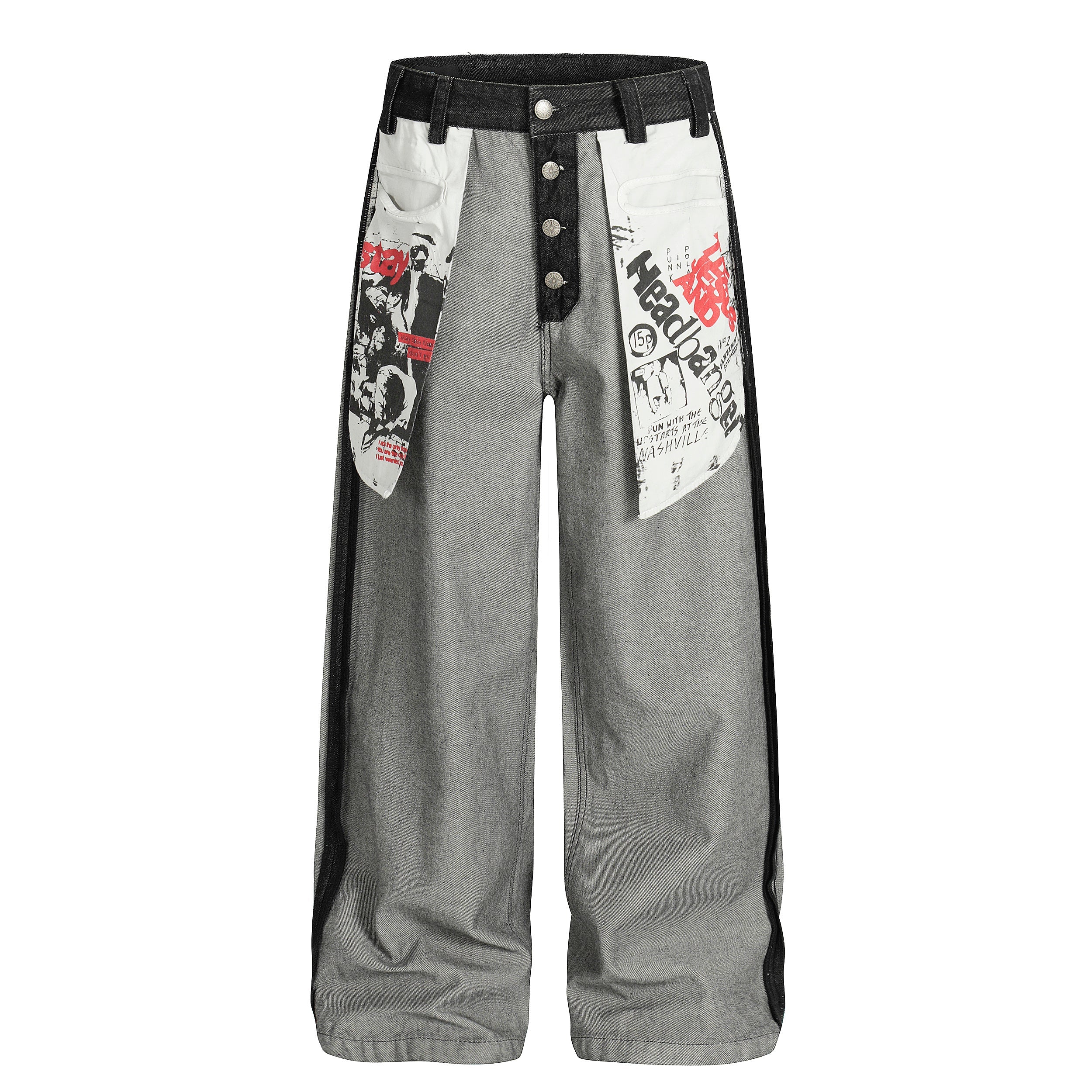 Punk Graphic Patch Flap Contrast Panel Wide-Leg Jeans