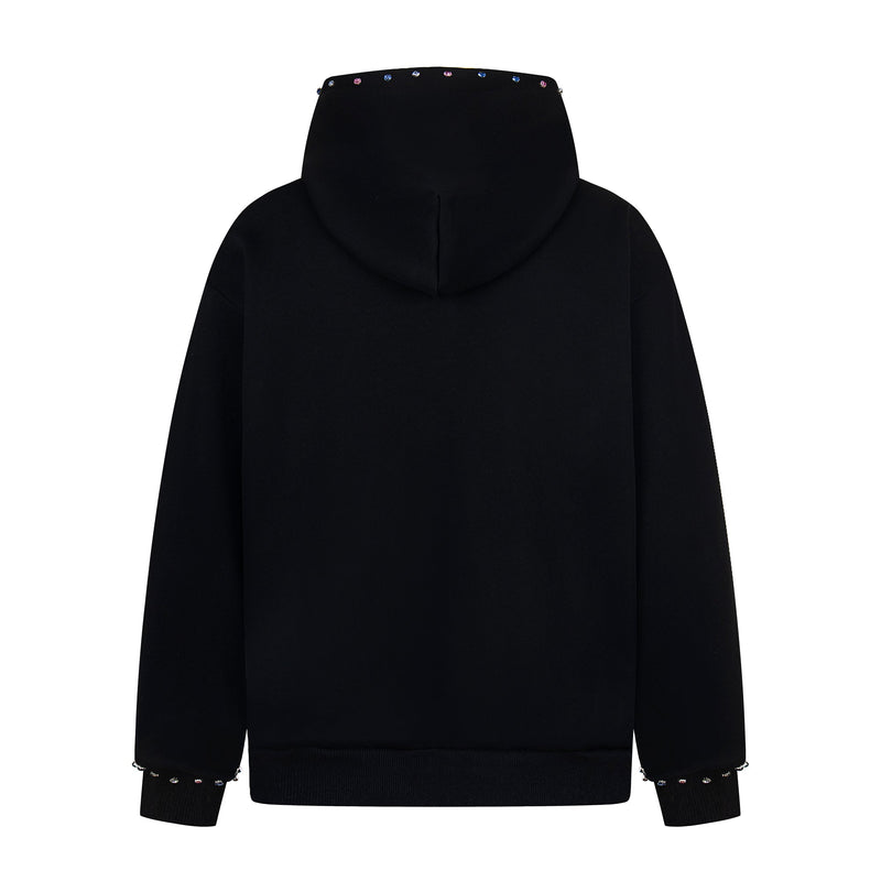 Black studded zip hoodie back view with plain hood and studded trim
