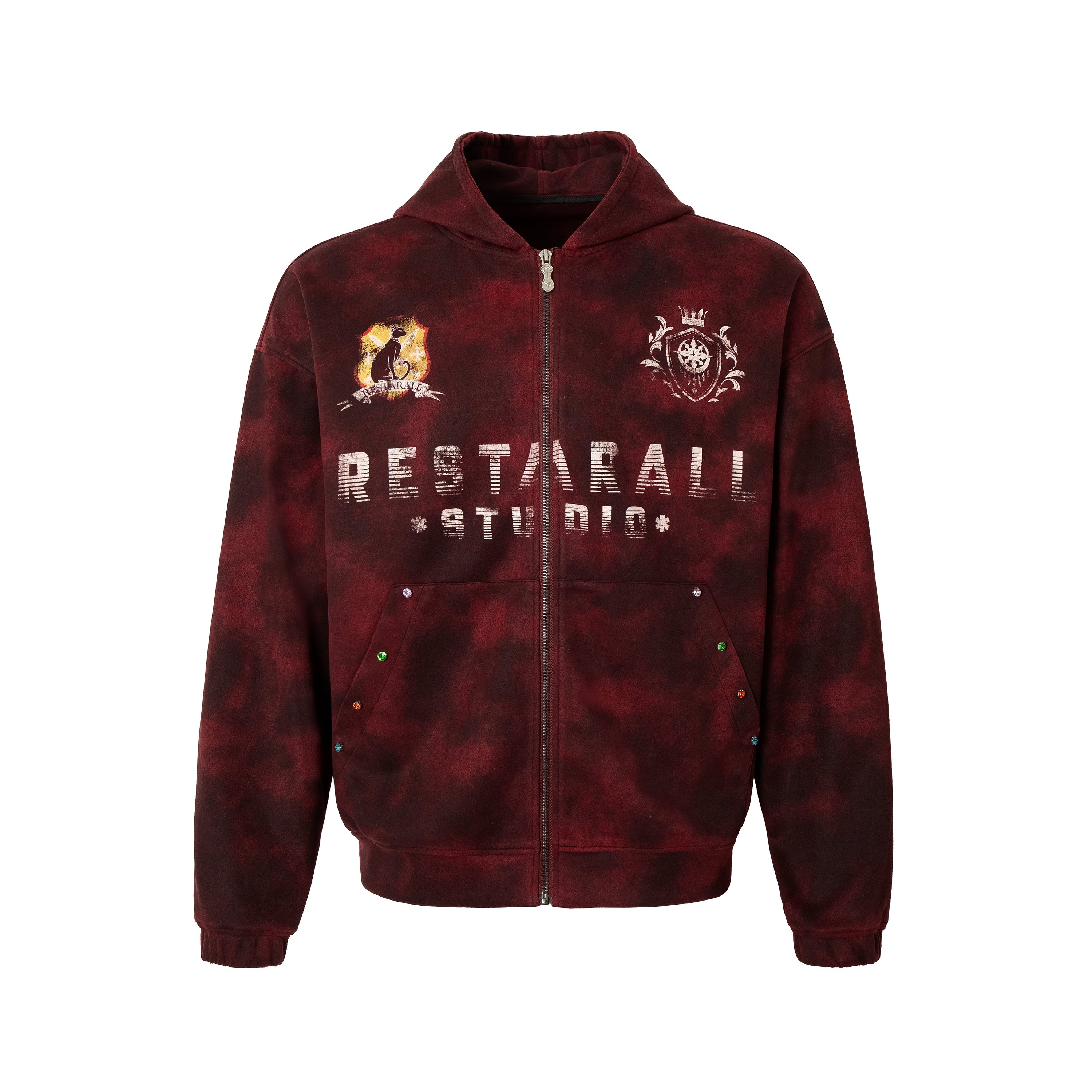 Front view of a dark red burnout wash zip-up hoodie with Restarall Studio gothic lettering and emblem prints