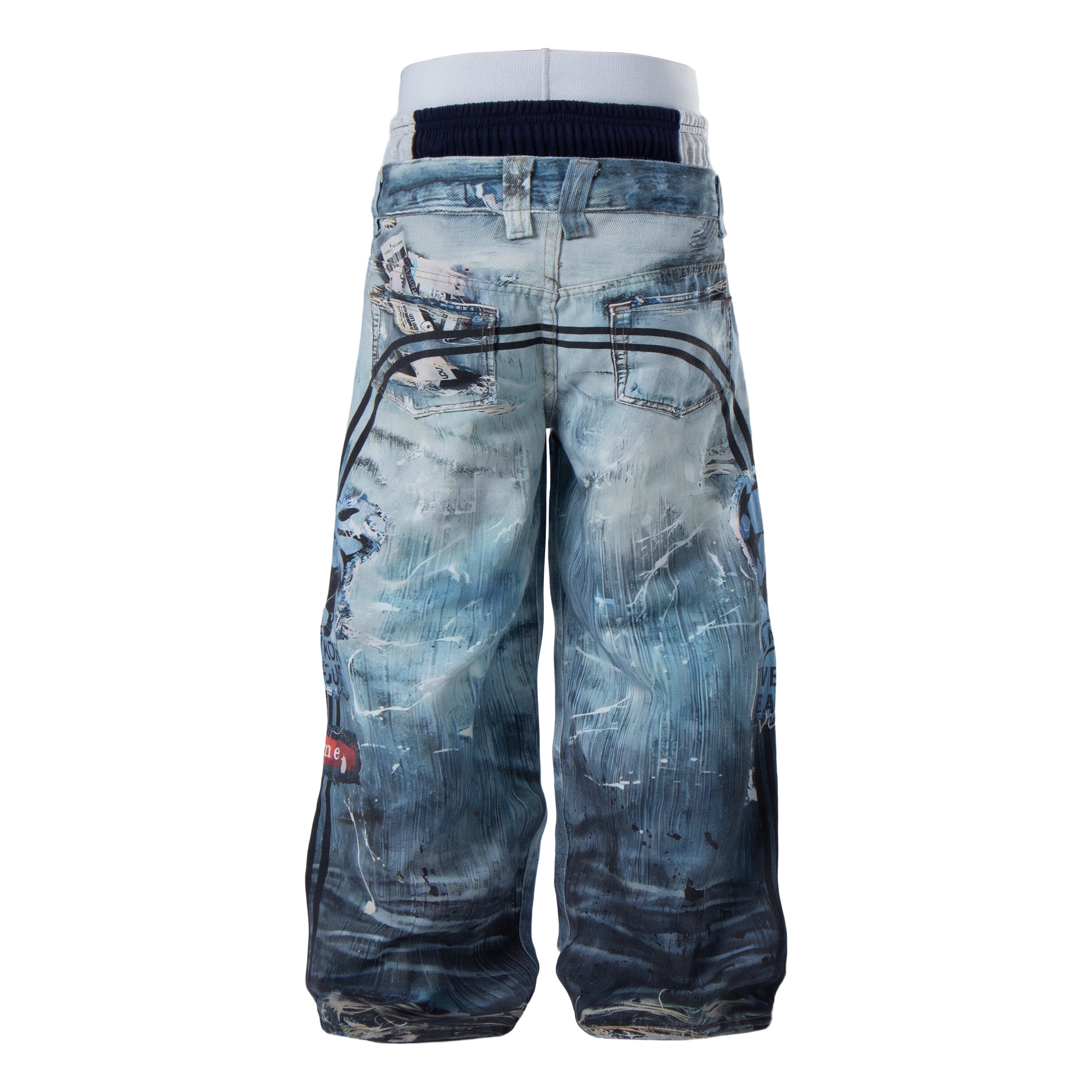 Layered Waist Graphic Denim Pants | Streetwear Baggy Fit