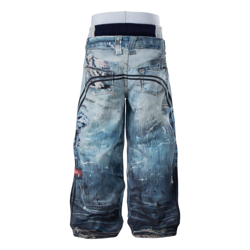 Back view of light blue baggy denim pants with printed graphics and rear patch pockets