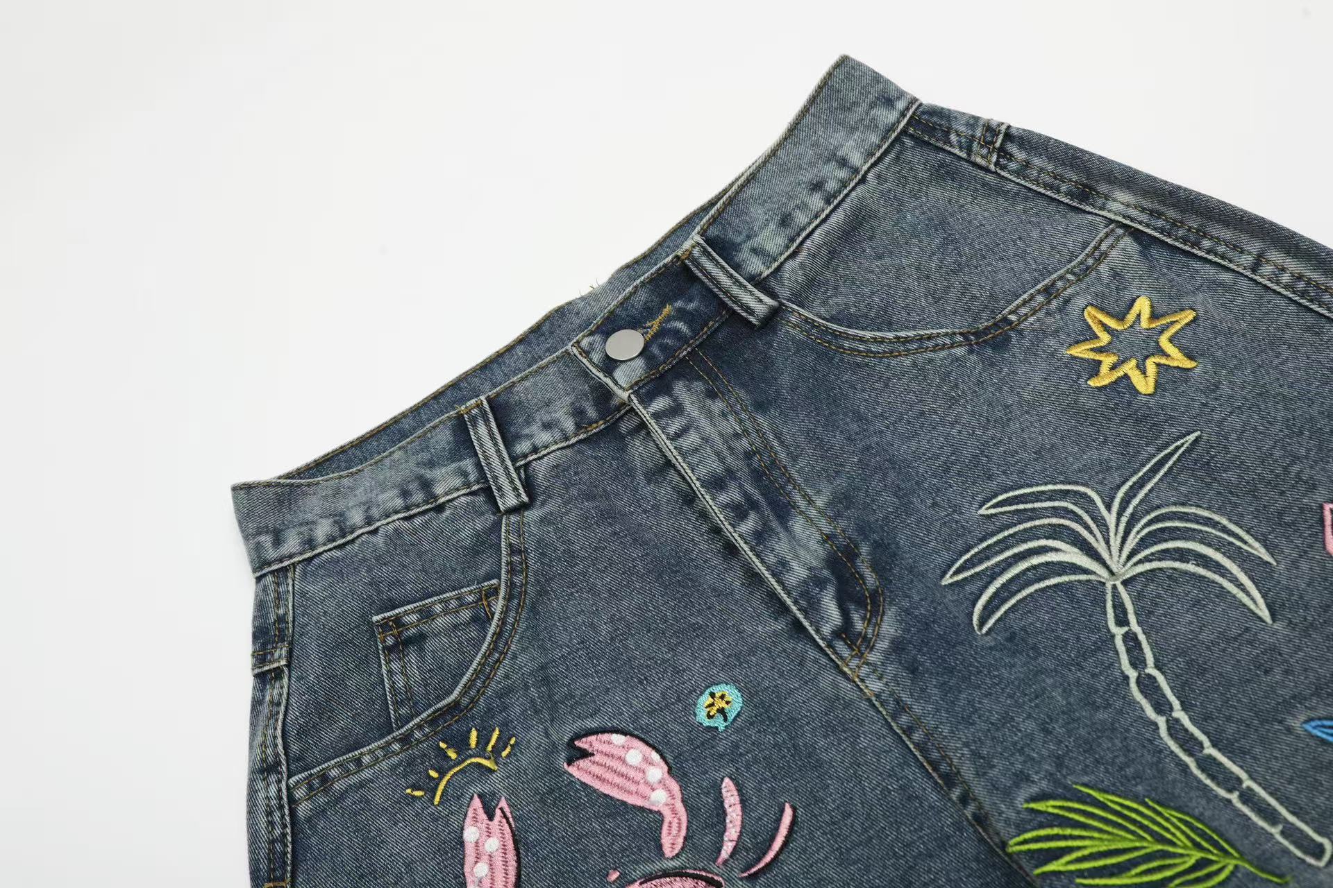 Tropical Embroidered Wide-Leg Denim Jeans | Beach Streetwear