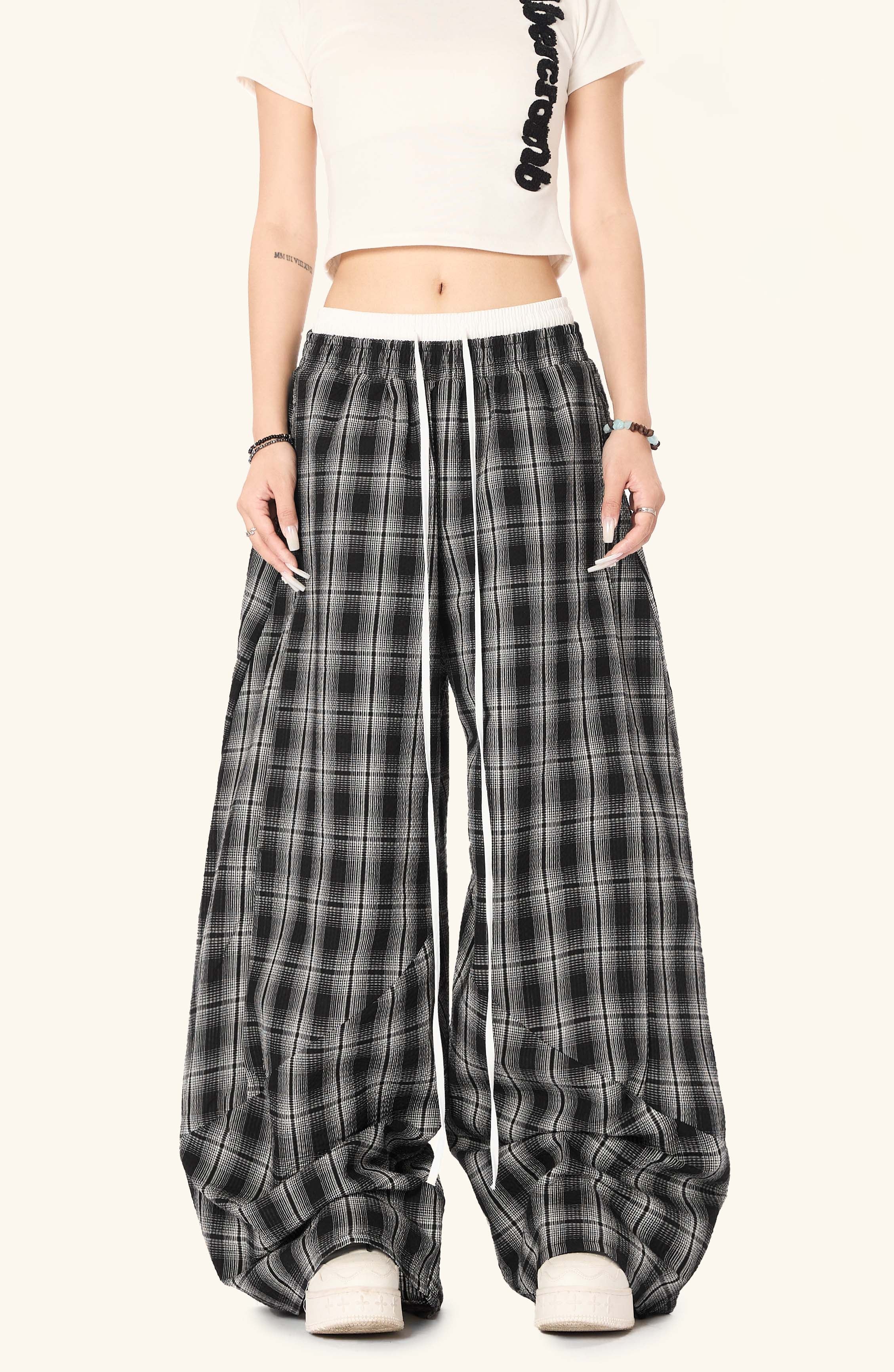 Omirad Plaid Barrel-Leg Pants | Wide-Leg Streetwear Trousers