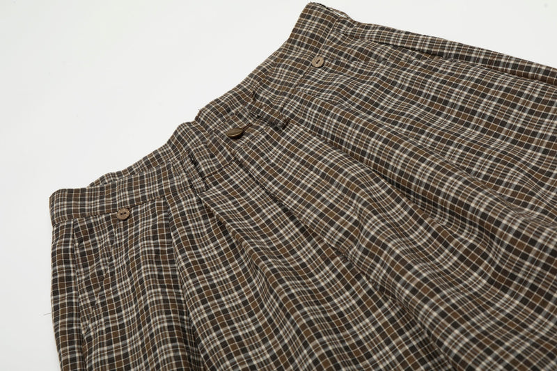 Vintage Plaid Wide-Leg Pants | 100% Cotton Pleated Trousers
