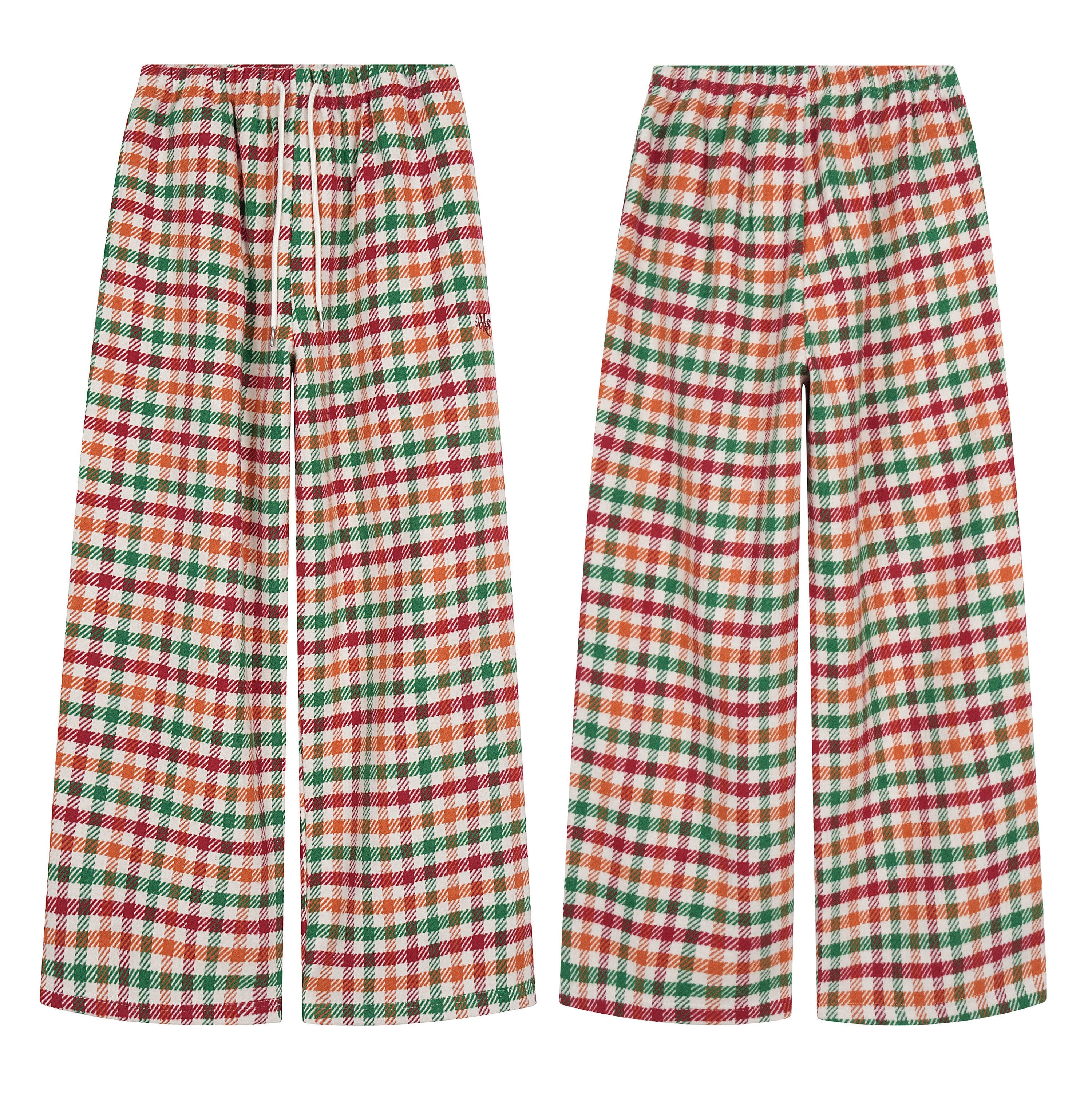 Omirad vintage plaid wide-leg pants in red, orange and green multi-color check with elastic drawstring waistband, front and b