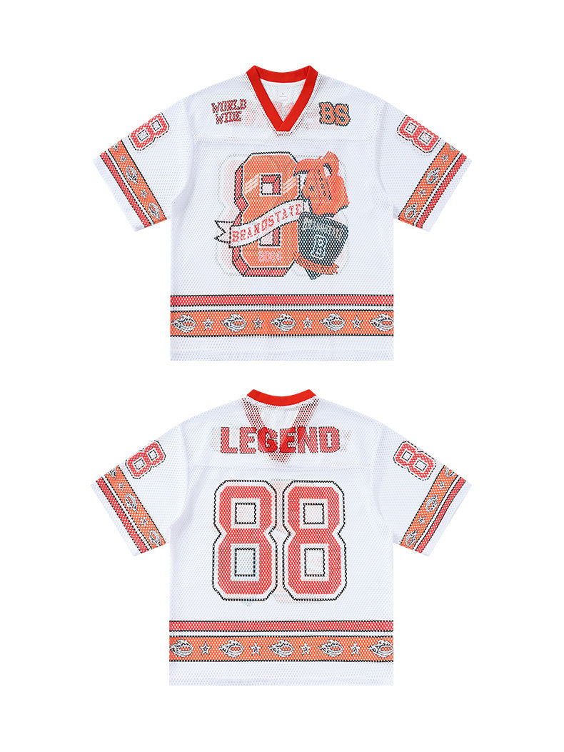 White mesh varsity jersey T-shirt with orange trim, Legend 88 graphic, and bold streetwear details