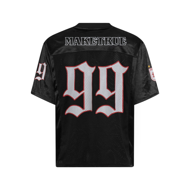 Black oversized mesh football jersey with gothic graphic print and bold white number 99 on the back