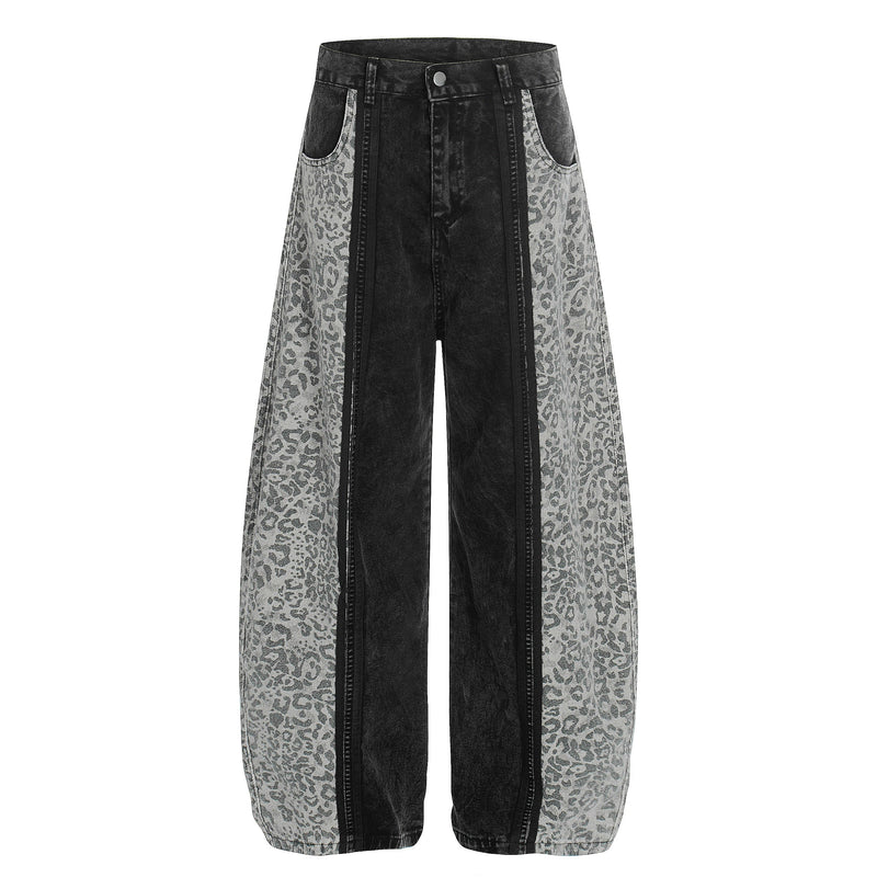 Black denim wide-leg pants with leopard side panels, full front view