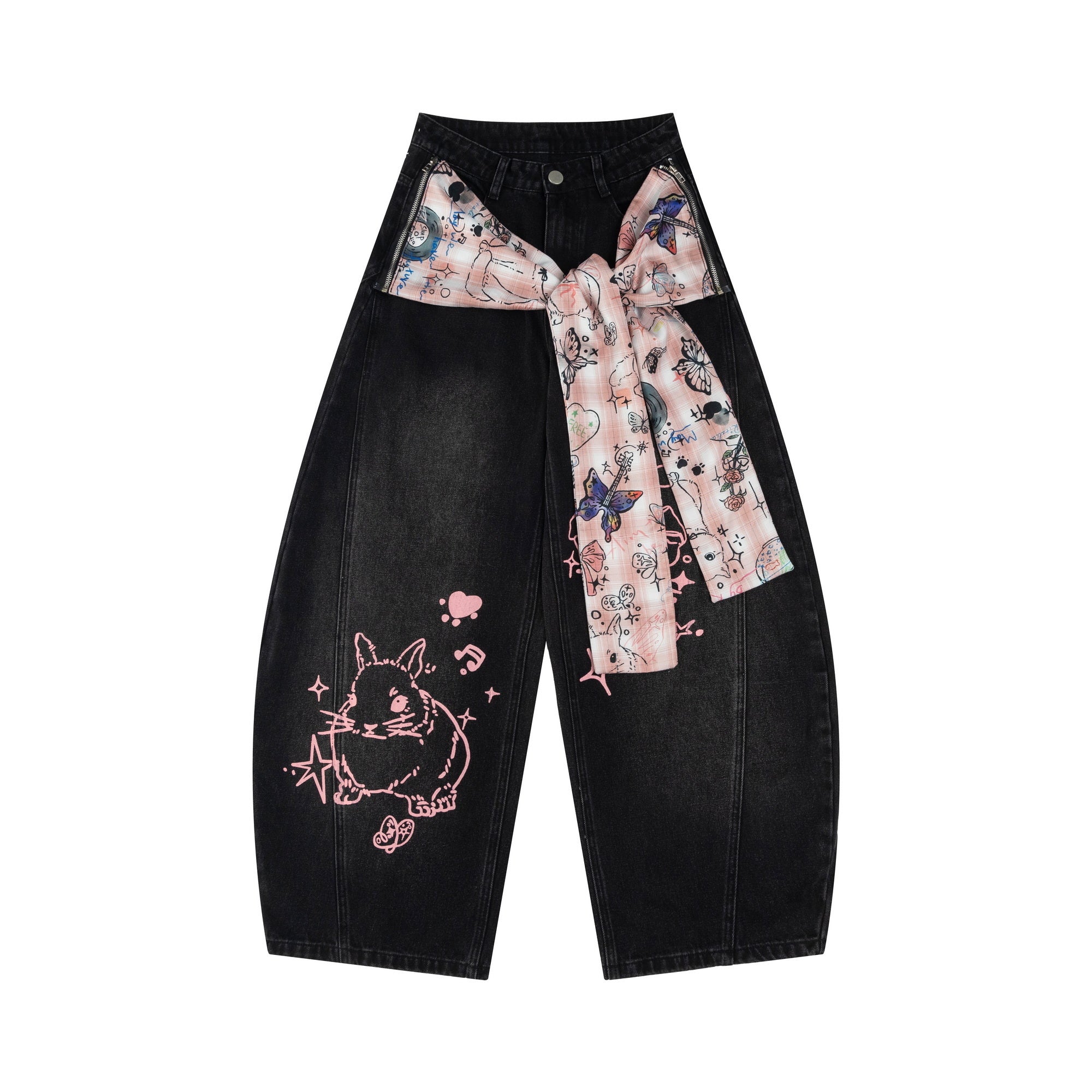 Bunny Graphic Ribbon Bow Curved Wide-Leg Jeans | Omirad