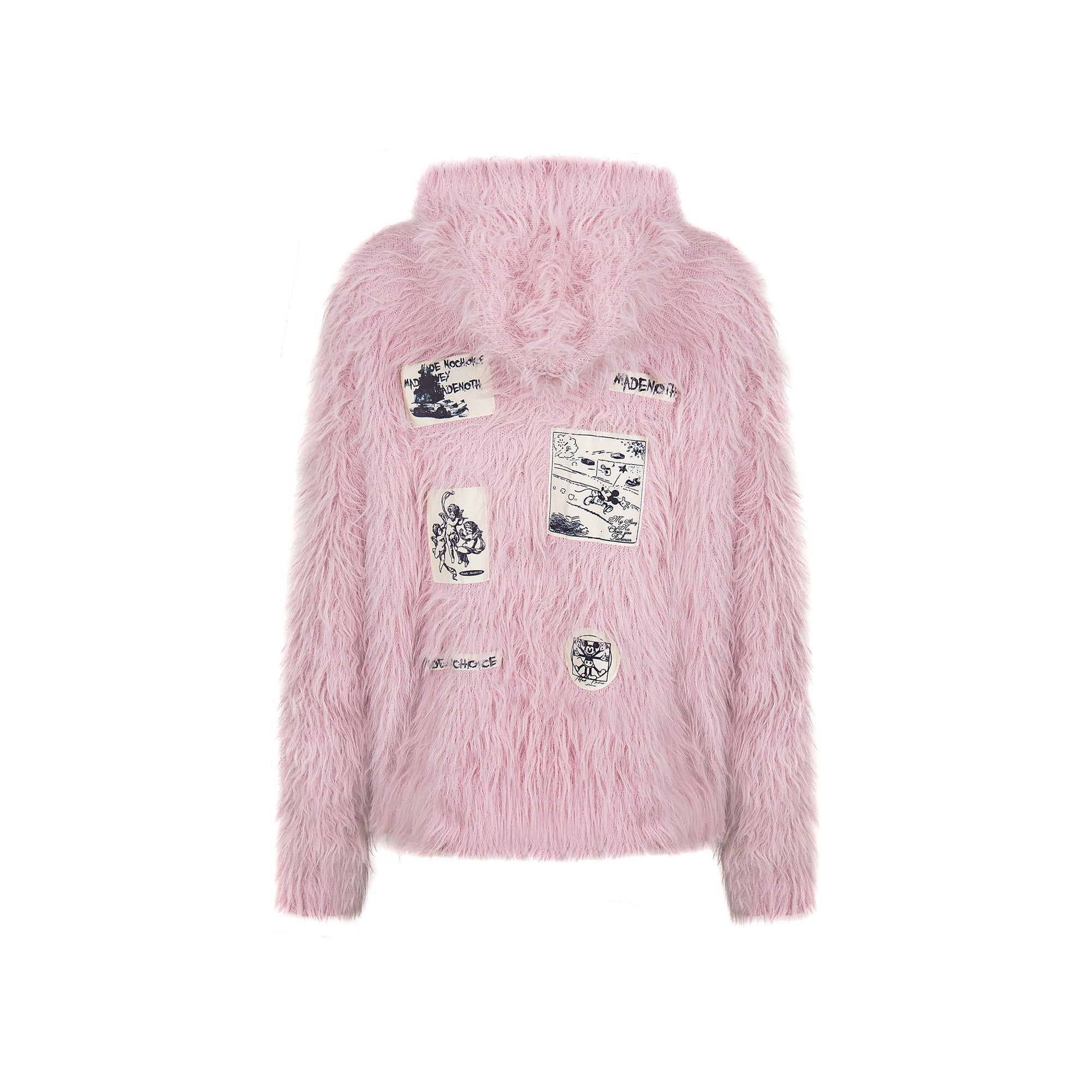 Omirad pink long-pile shaggy knit sweater with graphic patch detailing on the back, oversized fit