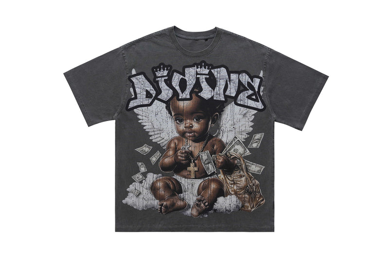 Dark vintage wash graphic T-shirt with angel baby print, graffiti-style lettering, wings, and floating dollar bills