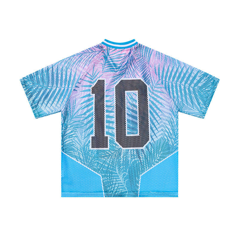 Seakoff Tropical 10 mesh jersey T-shirt with blue and pink palm print and large black number 10 on the back