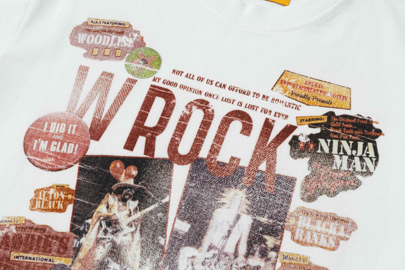 Vintage rock collage graphic on a white T-shirt with distressed retro band-style text and faded colorful patches
