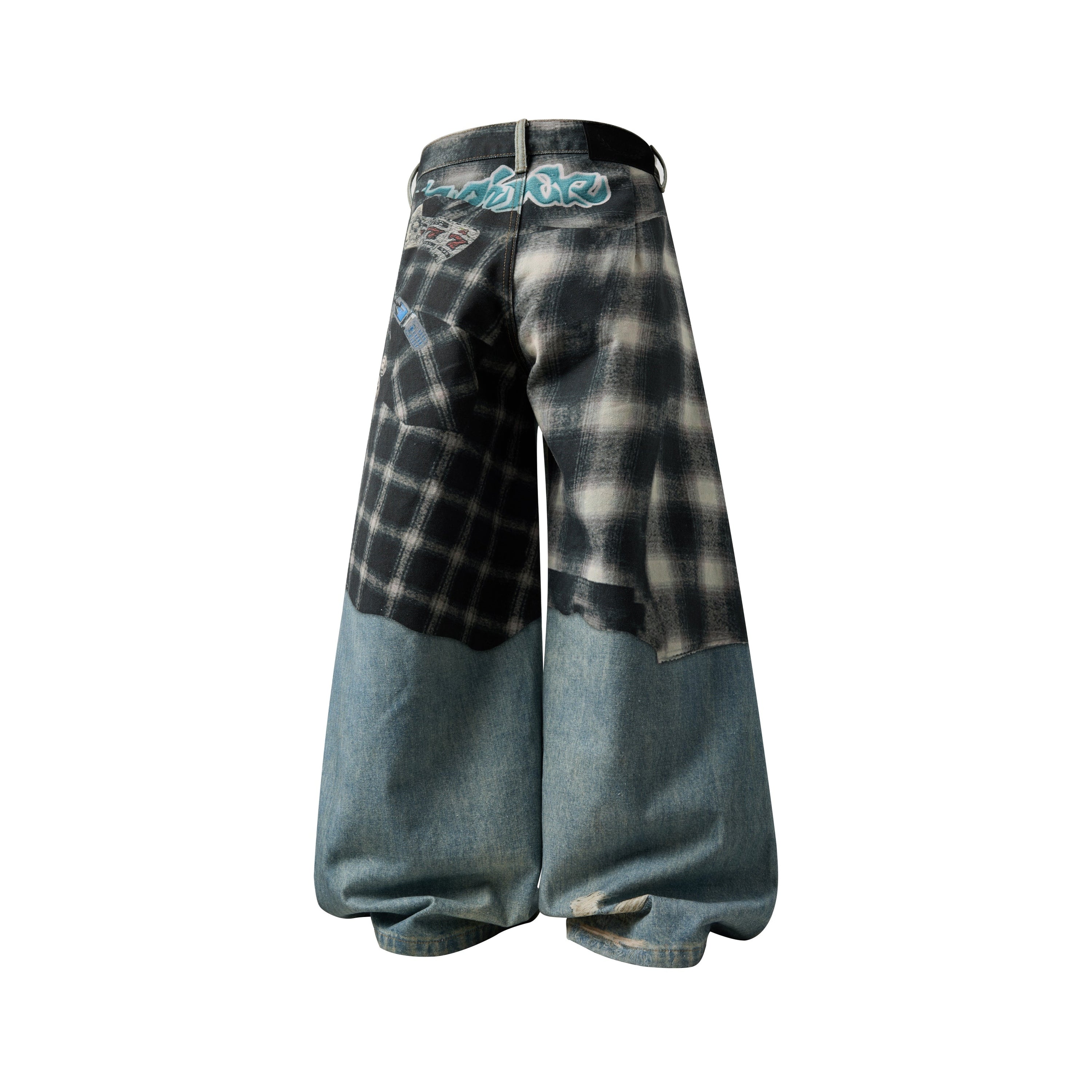 Omirad Layered Flannel Patchwork Balloon Jeans | Distressed Wide Leg