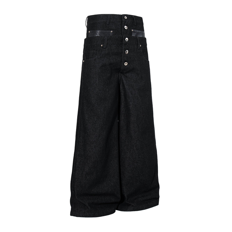 Back view of black high-rise wide-leg denim pants with button fly and faux crocodile back pockets