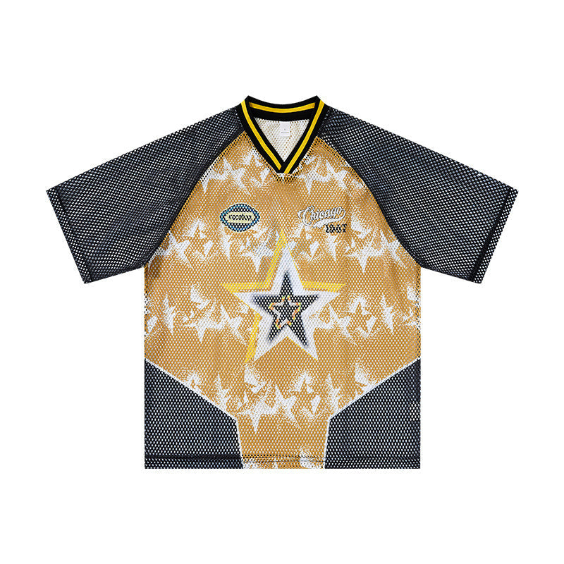 Omirad Star Impact mesh jersey t-shirt in gold with black raglan mesh sleeves and large star graphic on front