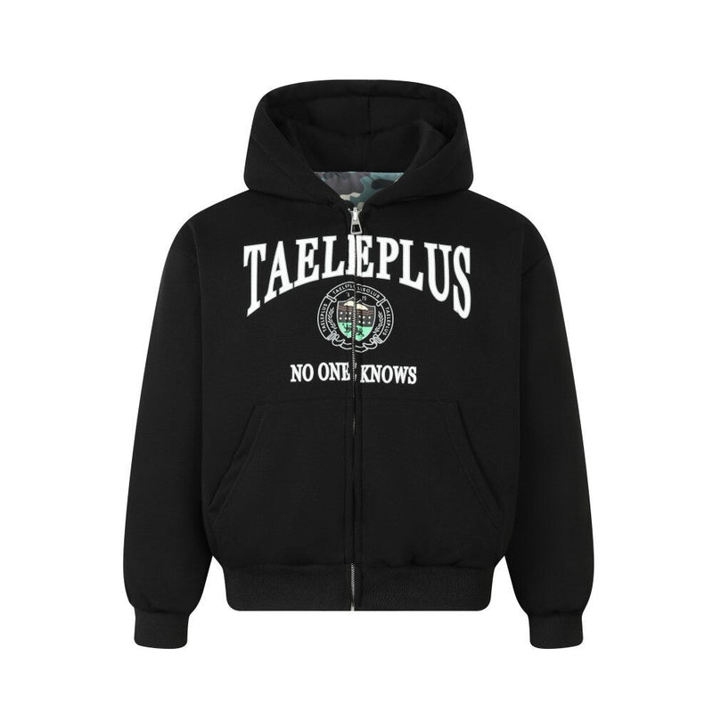 Reversible Camo Varsity Hoodie Jacket | TAELEPLUS Logo