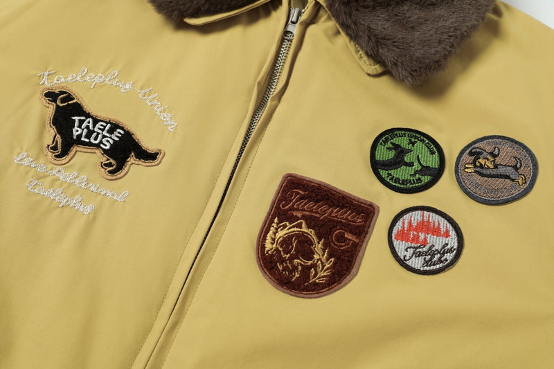 Taele Plus Aviation Patch Bomber Jacket with Fur Collar