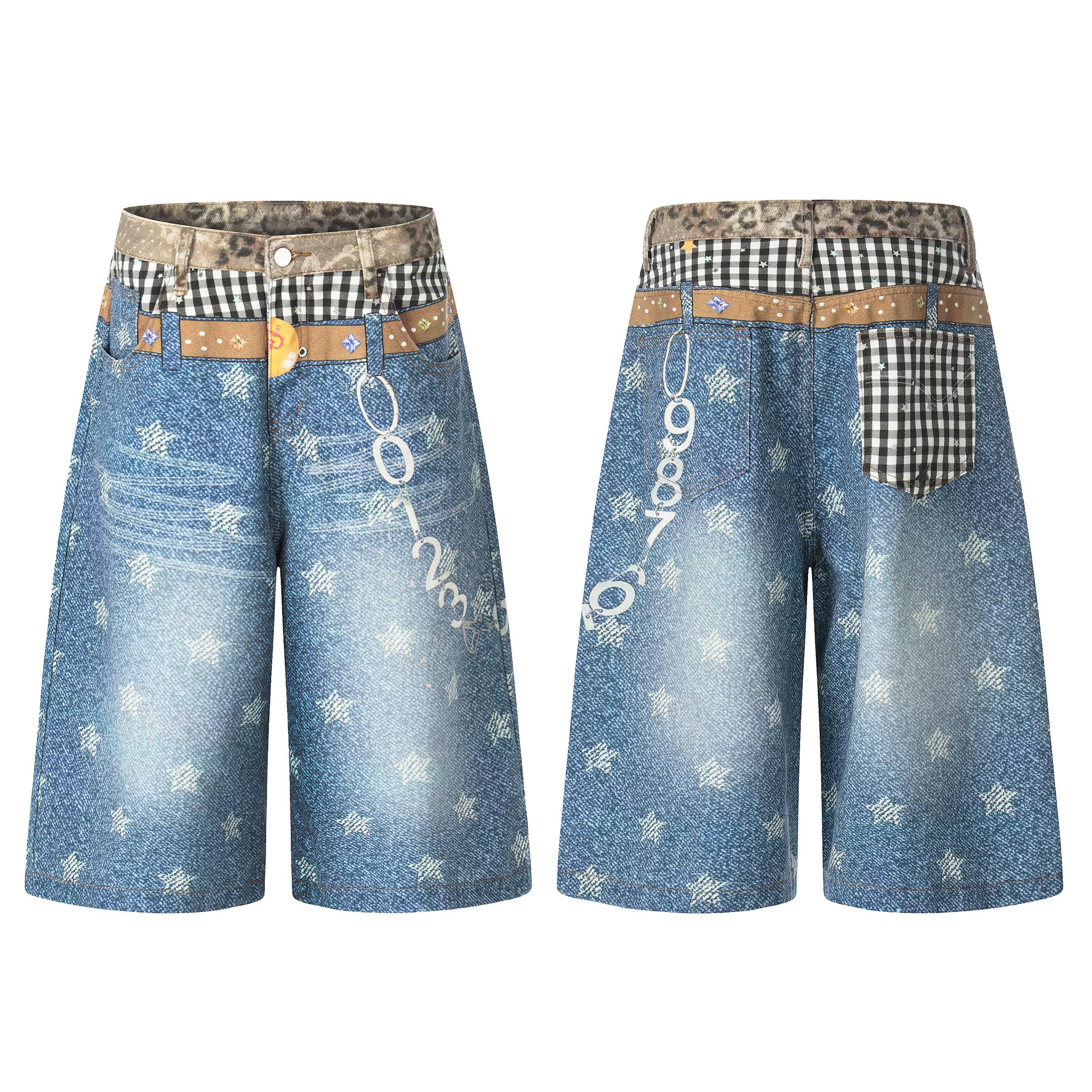 Front and back view of Omirad vintage patchwork denim shorts with star-wash effect, gingham and leopard waistband panels