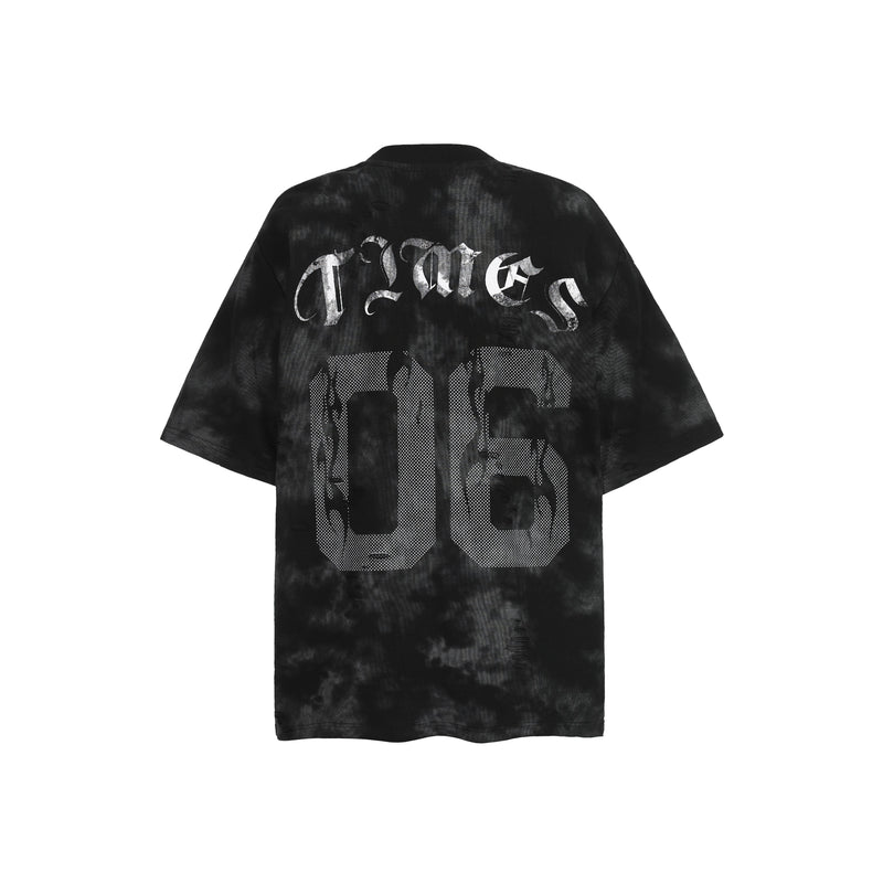 Black marble-wash oversized tee with distressed Times 06 graphic on the back in bold streetwear style