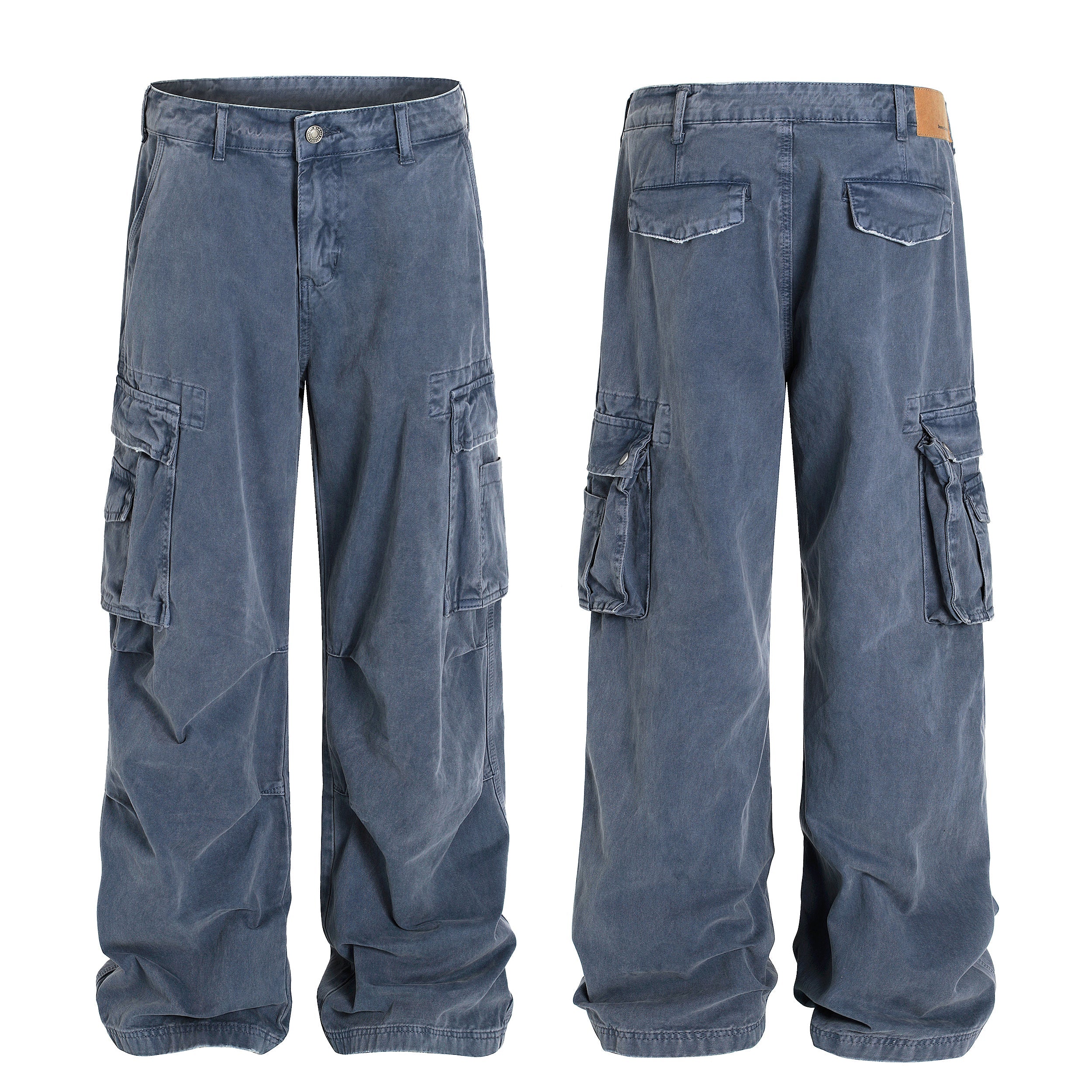 Front and back view of washed blue wide-leg cargo pants with multi-pocket utility design on white background