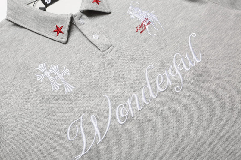 Light gray embroidered gothic polo shirt with red star collar details and decorative white lettering on the chest