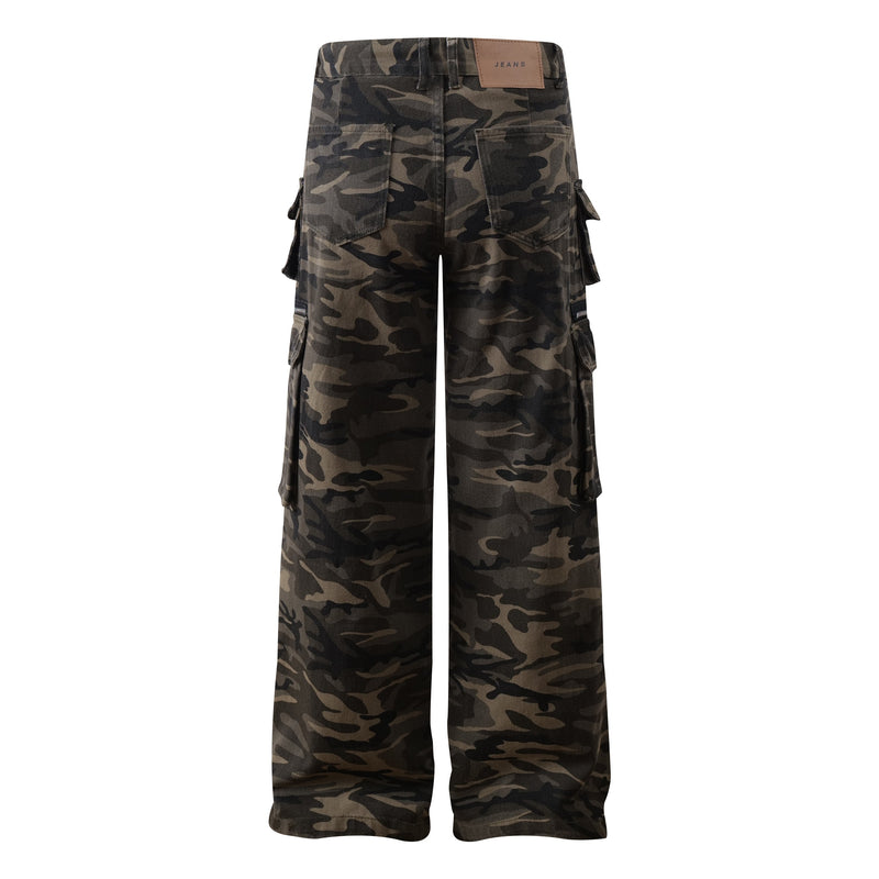 Back view of camo wide-leg cargo pants with rear patch pockets and tan label