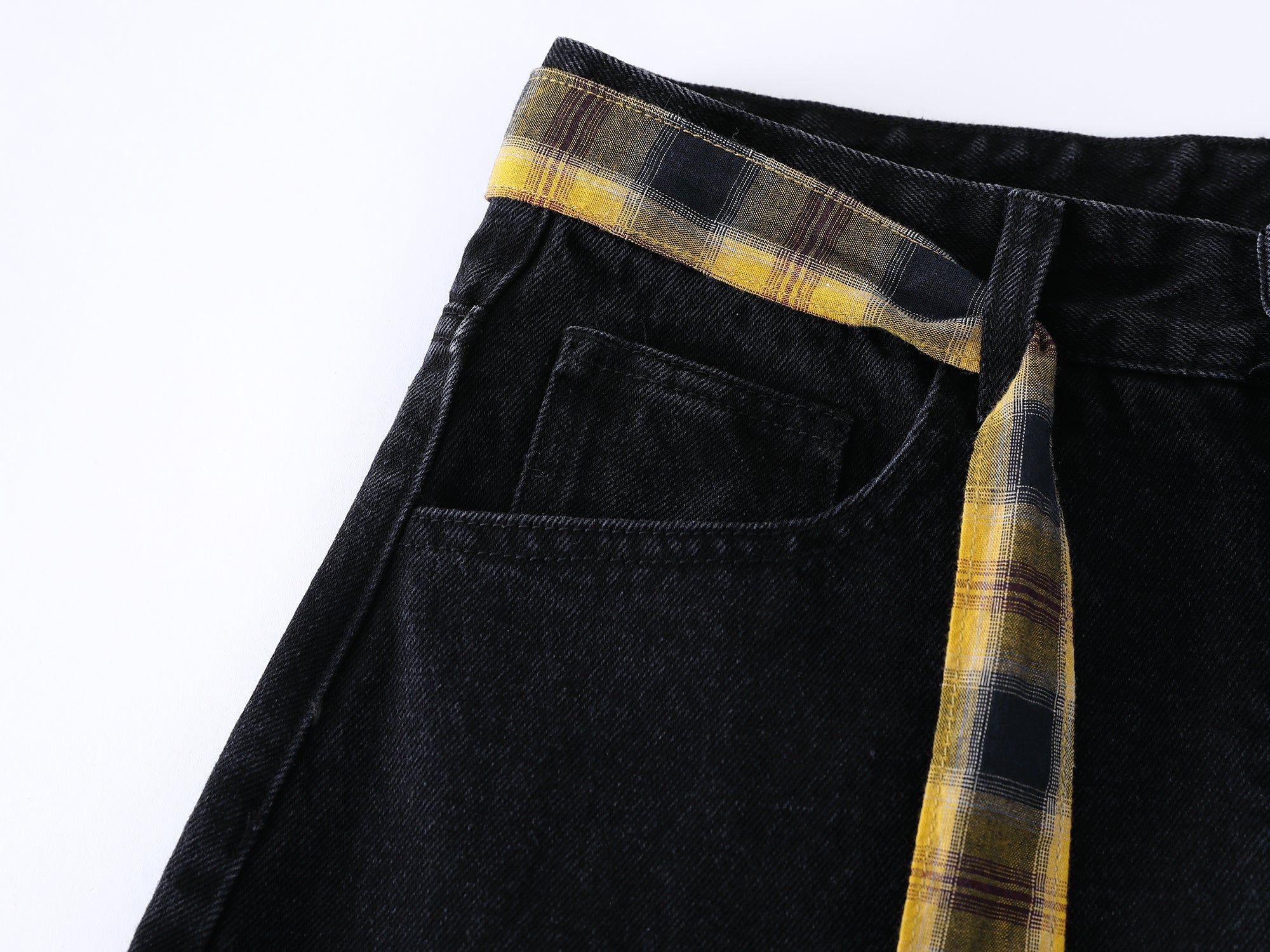 Embroidered Wide-Leg Jeans with Detachable Plaid Belt