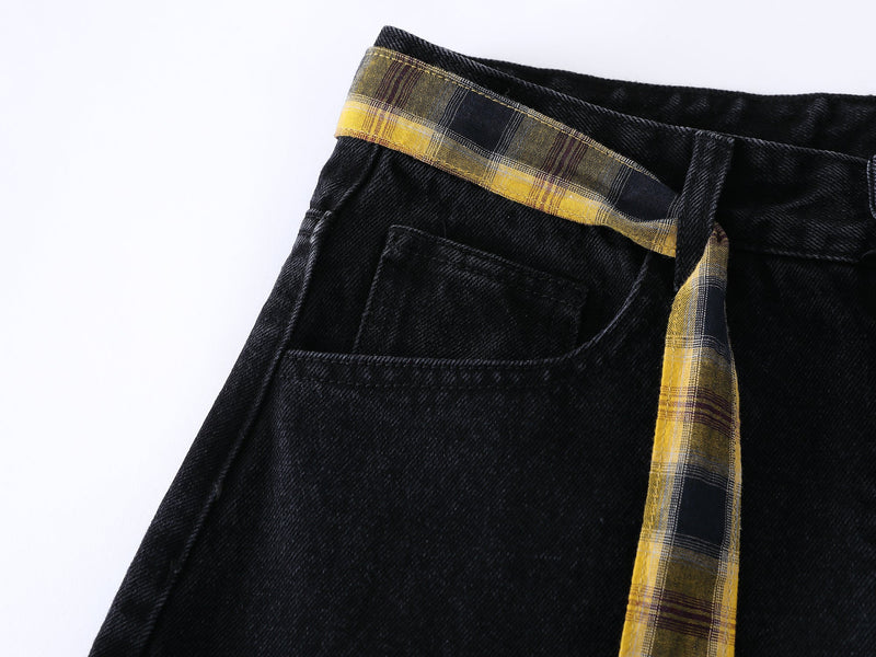 Embroidered Wide-Leg Jeans with Detachable Plaid Belt