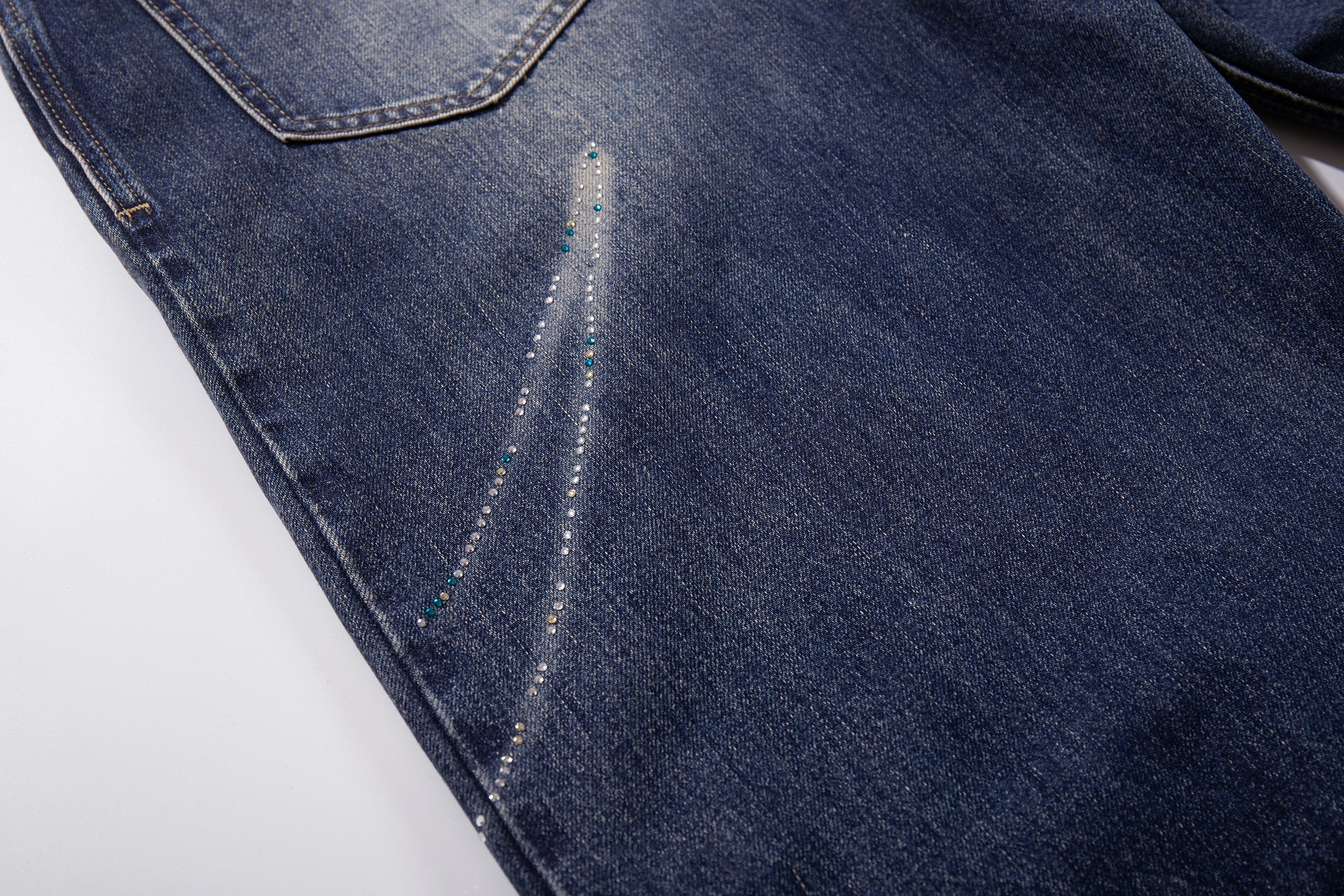 Rhinestone Wave Wide-Leg Jeans | Mid-Blue Washed Denim