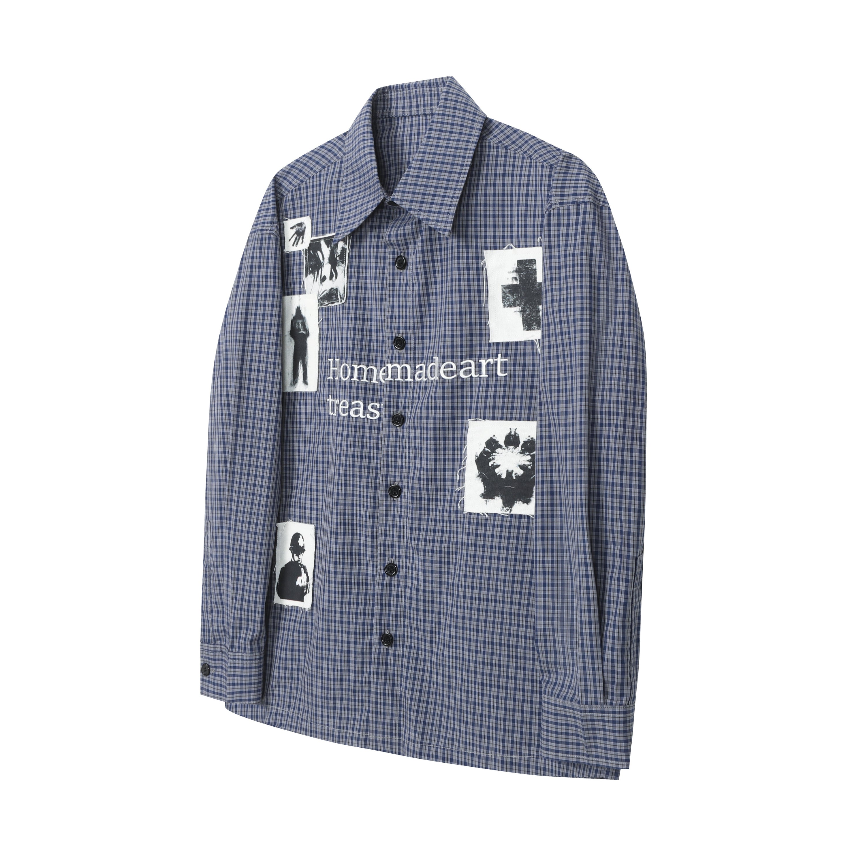 Blue plaid cotton overshirt with collage-style graphic patches and typography print on the front