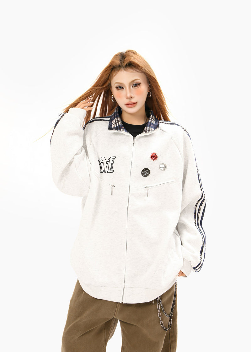 Omirad Plaid-Trim Track Jacket with Embroidered Logo & Pins