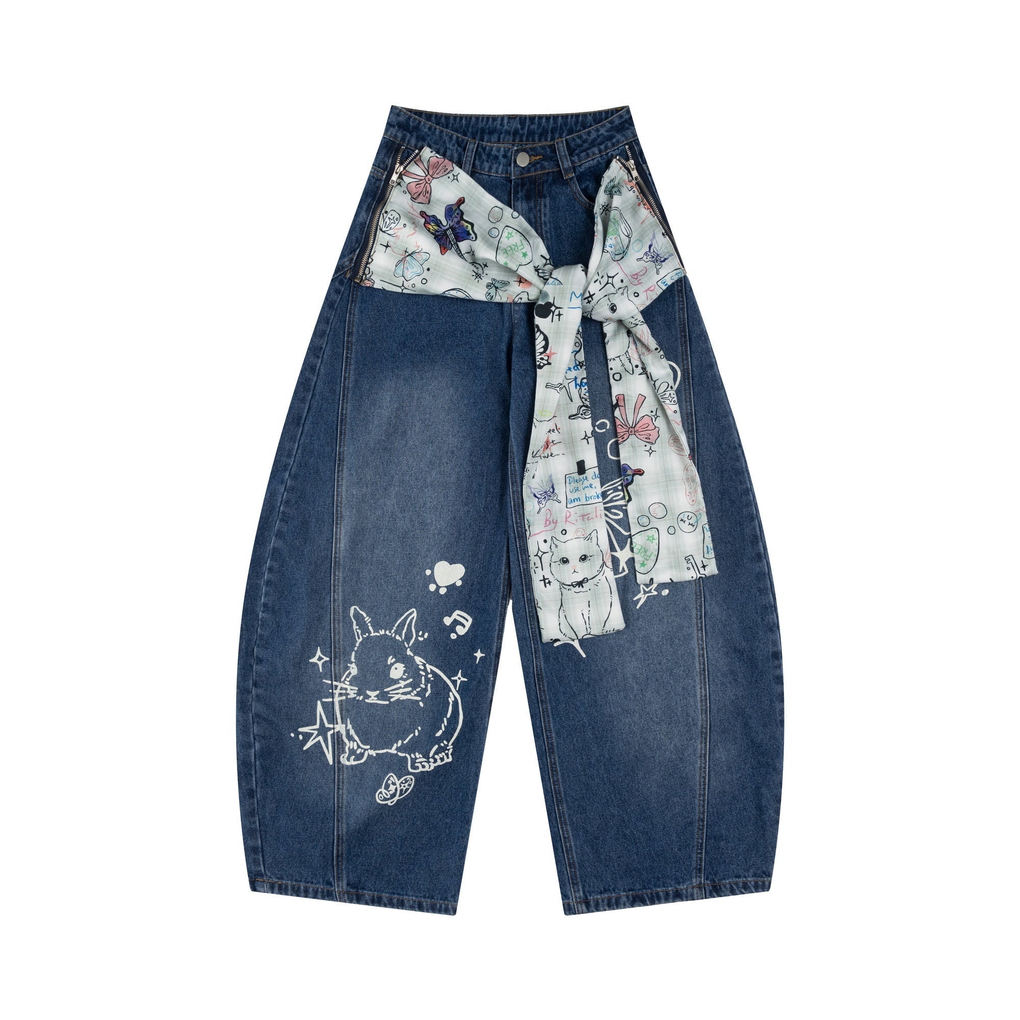 Bunny Graphic Ribbon Bow Curved Wide-Leg Jeans | Omirad