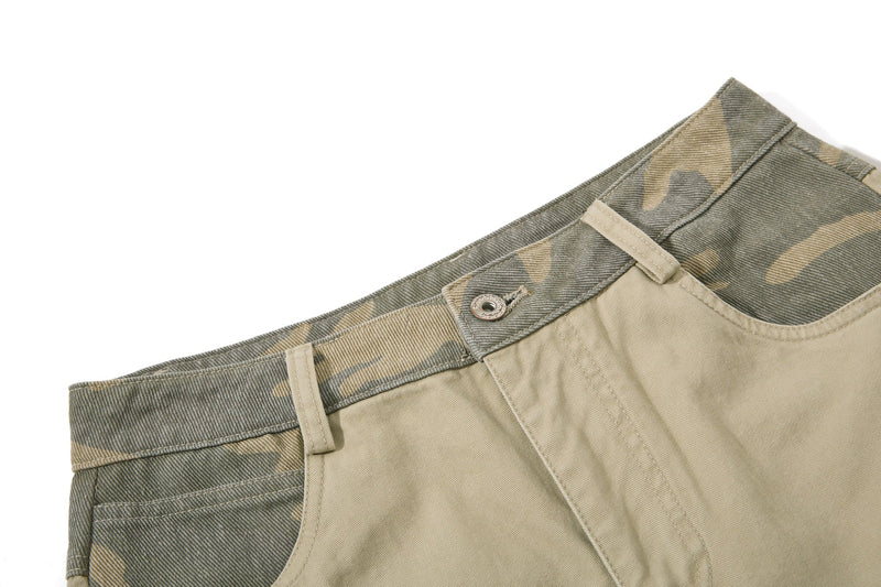 Close-up of beige camo waistband with belt loop and button
